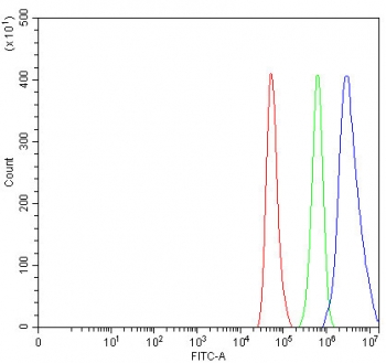 Flow cytometry testing of fixed and permeabilized human HeLa cells with DHX15 antibody at 1ug/million cells (blocked with goat sera); Red=cells alone, Green=isotype control, Blue= DHX15 antibody.
