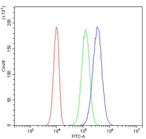 Flow cytometry testing of human PC-3 cells with DDX4 antibody at 1ug/million cells (blocked with goat sera); Red=cells alone, Green=isotype control, Blue= DDX4 antibody.