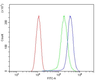 Flow cytometry testing of human SiHa cells with MCAM antibody at 1ug/million cells (blocked with goat sera); Red=cells alone, Green=isotype control, Blue= MCAM antibody.