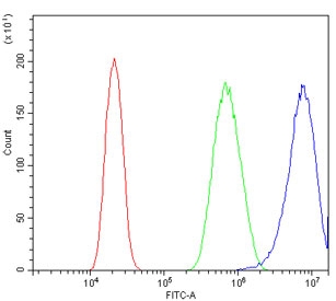 Flow cytometry testing of human PC-3 cells with Sprouty 4 antibody at 1ug/million cells (blocked with goat sera); Red=cells alone, Green=isotype control, Blue= Sprouty 4 antibody.