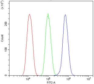 Flow cytometry testing of mouse HEPA1-6 cells with GRB10 antibody at 1ug/million cells (blocked with goat sera); Red=cells alone, Green=isotype control, Blue= GRB10 antibody.