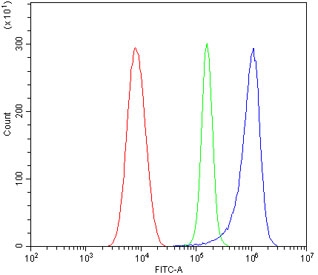 Flow cytometry testing of mouse HEPA1-6 cells with SHANK3 antibody at 1ug/million cells (blocked with goat sera); Red=cells alone, Green=isotype control, Blue= SHANK3 antibody.