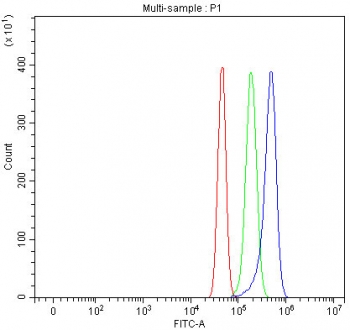 Flow cytometry testing of mouse RAW264.7 cells with Gilt antibody at 1ug/million cells (blocked with goat sera); Red=cells alone, Green=isotype control, Blue= Gilt antibody.