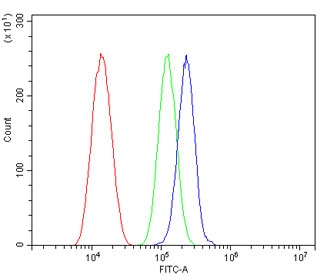 Flow cytometry testing of human SiHa cells with TSG101 antibody at 1ug/million cells (blocked with goat sera); Red=cells alone, Green=isotype control, Blue= TSG101 antibody.