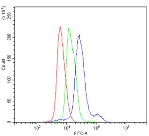 CD8A Antibody for FACS - Mouse spleen cells. Flow cytometry analysis of CD8 alpha (CD8A) in mouse spleen cells shows a distinct right-shifted population (blue) compared to isotype control (green) and unstained cells (red), consistent with cell surface expression on cytotoxic T lymphocytes and enabling clear gating of CD8-positive T cell populations in rodent immune samples.