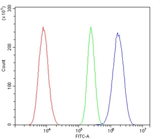 Flow cytometry testing of rat NRK cells with Il-3rb antibody at 1ug/million cells (blocked with goat sera); Red=cells alone, Green=isotype control, Blue= Il-3rb antibody.