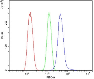 Flow cytometry testing of human NRK cells with LDL Receptor antibody at 1ug/million cells (blocked with goat sera); Red=cells alone, Green=isotype control, Blue= LDL Receptor antibody.
