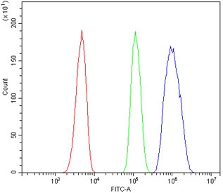 Flow cytometry testing of human HL60 cells with MED4 antibody at 1ug/million cells (blocked with goat sera); Red=cells alone, Green=isotype control, Blue= MED4 antibody.