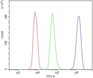 Flow cytometry testing of human U937 cells with TRIM25 antibody at 1ug/million cells (blocked with goat sera); Red=cells alone, Green=isotype control, Blue= TRIM25 antibody.