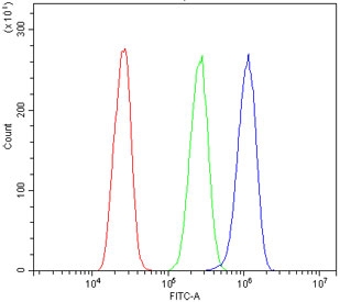 Flow cytometry testing of fixed and permeabilized human A431 cells with VPS4A antibody at 1ug/million cells (blocked with goat sera); Red=cells alone, Green=isotype control, Blue= VPS4A antibody.
