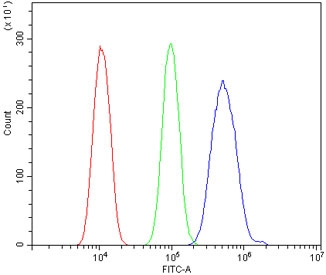 Flow cytometry testing of mouse HEPA1-6 cells with Adam28 antibody at 1ug/million cells (blocked with goat sera); Red=cells alone, Green=isotype control, Blue= Adam28 antibody.