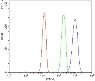 Flow cytometry testing of human A431 cells with MORC3 antibody at 1ug/million cells (blocked with goat sera); Red=cells alone, Green=isotype control, Blue= MORC3 antibody.