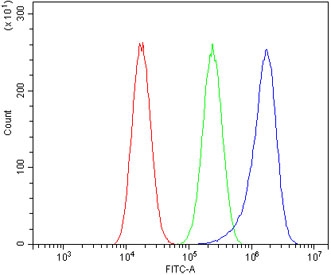 Flow cytometry testing of human A549 cells with Toll-like Receptor 1 antibody at 1ug/million cells (blocked with goat sera); Red=cells alone, Green=isotype control, Blue= Toll-like Receptor 1 antibody.