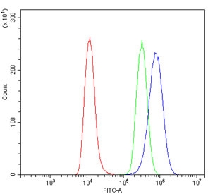 GRID2 Antibody Human Sample FACS. Flow cytometry testing of human U-2 OS cells with GRID2 antibody at 1ug/million cells (blocked with goat sera); Red=cells alone, Green=isotype control, Blue= GRID2 antibody.