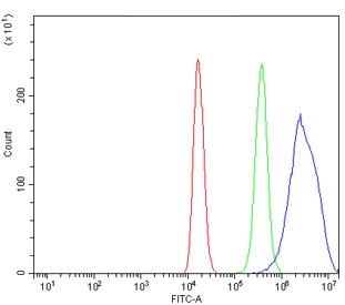 Flow cytometry testing of human 293T cells with Apc5 antibody at 1ug/million cells (blocked with goat sera); Red=cells alone, Green=isotype control, Blue= Apc5 antibody.