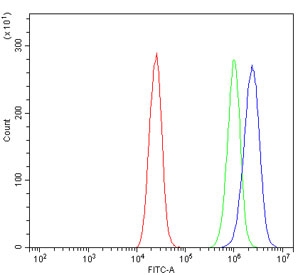Flow cytometry testing of human Caco-2 cells with IGF2-AS antibody at 1ug/million cells (blocked with goat sera); Red=cells alone, Green=isotype control, Blue= IGF2-AS antibody.