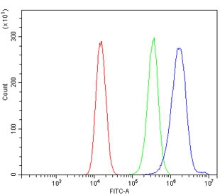 Flow cytometry testing of human 293T cells with NDUFB2 antibody at 1ug/million cells (blocked with goat sera); Red=cells alone, Green=isotype control, Blue= NDUFB2 antibody.