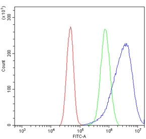 Flow cytometry testing of human A431 cells with NDUFB5 antibody at 1ug/million cells (blocked with goat sera); Red=cells alone, Green=isotype control, Blue= NDUFB5 antibody.