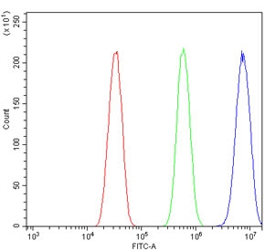 Flow cytometry testing of mouse HEPA1-6 cells with Par4 antibody at 1ug/million cells (blocked with goat sera); Red=cells alone, Green=isotype control, Blue= Par4 antibody.
