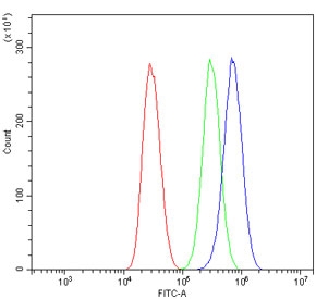 Flow cytometry testing of mouse HEPA1-6 cells with GABARAP antibody at 1ug/million cells (blocked with goat sera); Red=cells alone, Green=isotype control, Blue= GABARAP antibody.
