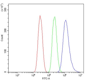 Flow cytometry testing of human HEPA1-6 cells with SUMO1 antibody at 1ug/million cells (blocked with goat sera); Red=cells alone, Green=isotype control, Blue= SUMO1 antibody.