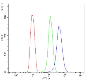 PSEN2 Antibody Mouse HEPA1-6 FACS. Flow cytometry testing of mouse HEPA1-6 cells with PSEN2 antibody at 1ug/million cells (blocked with goat sera); Red=cells alone, Green=isotype control, Blue= PSEN2 antibody.