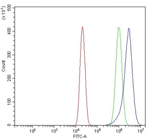 Flow cytometry testing of human U-2 OS cells with PDIR antibody at 1ug/million cells (blocked with goat sera); Red=cells alone, Green=isotype control, Blue= PDIR antibody.
