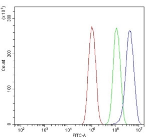 Flow cytometry testing of human PC-3 cells with ADP-ribosylation factor 6 antibody at 1ug/10^6 cells (blocked with goat sera); Red=cells alone, Green=isotype control, Blue= ADP-ribosylation factor 6 antibody.