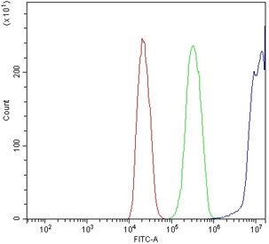 Flow cytometry testing of rat C6 cells with CD154 antibody at 1ug/million cells (blocked with goat sera); Red=cells alone, Green=isotype control, Blue= CD154 antibody.