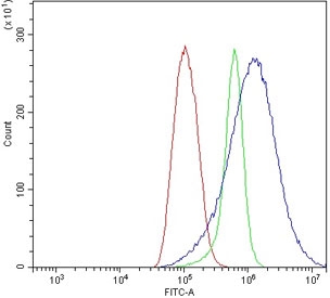 Flow cytometry testing of human ThP-1 cells with Coronin 1a antibody at 1ug/million cells (blocked with goat sera); Red=cells alone, Green=isotype control, Blue= Coronin 1a antibody.