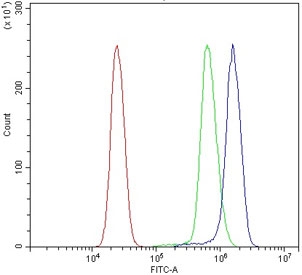 Flow cytometry testing of human U937 cells with DYNLL1 antibody at 1ug/million cells (blocked with goat sera); Red=cells alone, Green=isotype control, Blue= DYNLL1 antibody.