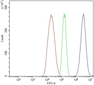 Flow cytometry testing of fixed and permeabilized human HepG2 cells with Glutamic-oxaloacetic transaminase 1 antibody at 1ug/million cells (blocked with goat sera); Red=cells alone, Green=isotype control, Blue= Glutamic-oxaloacetic transaminase 1 antibody.