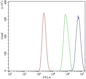 Pycard Antibody RAW264.7 Cell FACS. Flow cytometric analysis of mouse RAW264.7 cells using PYCARD Antibody / Inflammasome Adaptor Protein Antibody at 1 ug per million cells. A clear rightward shift of the antibody-stained population (blue) relative to the isotype control (green) demonstrates specific detection of endogenous PYCARD (ASC) expression. Cells alone are shown in red. Cells were blocked with goat serum prior to antibody incubation to minimize non-specific binding.