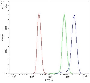 Flow cytometry testing of human U937 cells with SEC14L3 antibody at 1ug/million cells (blocked with goat sera); Red=cells alone, Green=isotype control, Blue= SEC14L3 antibody.