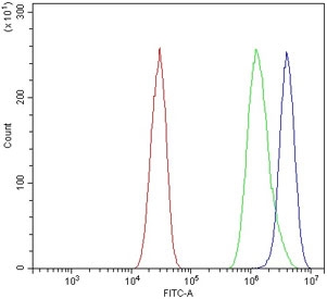 Chromogranin A Antibody for FACS Mouse HEPA1-6 Cells. Flow cytometry analysis of Chromogranin A / CHGA expression in mouse HEPA1-6 cells using Chromogranin A Antibody for FACS at 1 ug per million cells (blue) compared to isotype control (green) and unstained cells (red). The Chromogranin A Antibody for FACS demonstrates a clear right-shifted population relative to controls, supporting detection of CHGA-positive cells in mouse samples. This flow cytometry antibody enables reliable detection of Chromogranin A expression in rodent cell systems.
