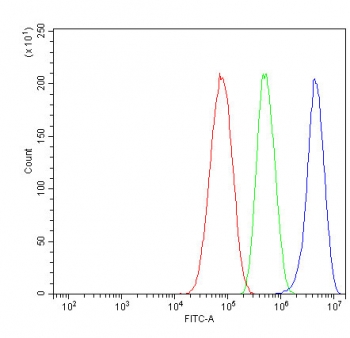 Flow cytometry testing of human HepG2 cells with MerTK antibody at 1ug/million cells (blocked with goat sera); Red=cells alone, Green=isotype control, Blue= MerTK antibody.