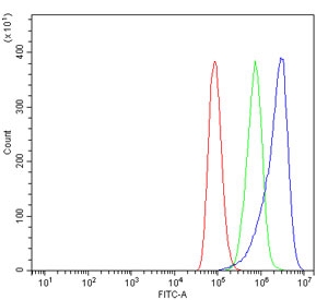 Flow cytometry testing of human A549 cells with COPS5 antibody at 1ug/million cells (blocked with goat sera); Red=cells alone, Green=isotype control, Blue= COPS5 antibody.