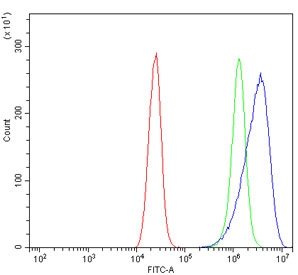 Flow cytometry testing of human Caco-2 cells with LACTB antibody at 1ug/million cells (blocked with goat sera); Red=cells alone, Green=isotype control, Blue= LACTB antibody.