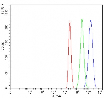 Flow cytometry testing of fixed and permeabilized human MCF7 cells with Prostaglandin E synthase 2 antibody at 1ug/million cells (blocked with goat sera); Red=cells alone, Green=isotype control, Blue= Prostaglandin E synthase 2 antibody.