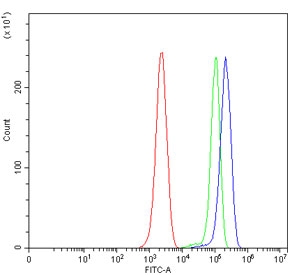 Flow cytometry testing of mouse ANA-1 cells with TLS antibody at 1ug/million cells (blocked with goat sera); Red=cells alone, Green=isotype control, Blue= TLS antibody.