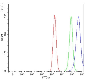 Flow cytometry testing of human Caco-2 cells with HGF-regulated tyrosine kinase substrate antibody at 1ug/million cells (blocked with goat sera); Red=cells alone, Green=isotype control, Blue= HGF-regulated tyrosine kinase substrate antibody.