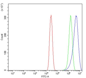 Flow cytometry testing of human A431 cells with Flap endonuclease 1 antibody at 1ug/million cells (blocked with goat sera); Red=cells alone, Green=isotype control, Blue= Flap endonuclease 1 antibody.