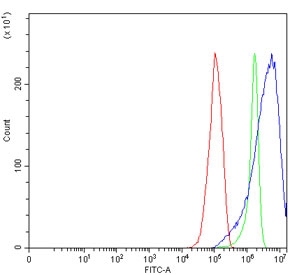 Flow cytometry testing of human RT4 cells with BBS9 antibody at 1ug/million cells (blocked with goat sera); Red=cells alone, Green=isotype control, Blue= BBS9 antibody.
