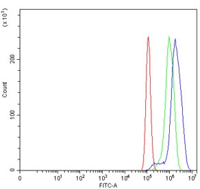 Flow cytometry testing of human PC-3 cells with MSX2 antibody at 1ug/million cells (blocked with goat sera); Red=cells alone, Green=isotype control, Blue= MSX2 antibody.