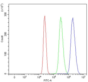 Flow cytometry testing of human HepG2 cells with Ubiquitin carboxyl-terminal hydrolase 16 antibody at 1ug/million cells (blocked with goat sera); Red=cells alone, Green=isotype control, Blue= Ubiquitin carboxyl-terminal hydrolase 16 antibody.