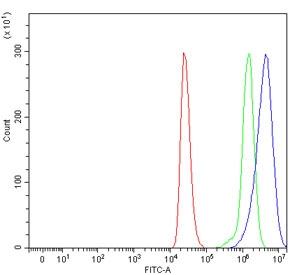 Flow cytometry testing of human ThP-1 cells with TRIM72 antibody at 1ug/million cells (blocked with goat sera); Red=cells alone, Green=isotype control, Blue= TRIM72 antibody.