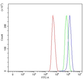 Flow cytometry testing of human U-251 cells with APG4C antibody at 1ug/million cells (blocked with goat sera); Red=cells alone, Green=isotype control, Blue= APG4C antibody.