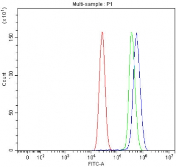 Flow cytometry testing of human MCF7 cells with SDCBP2 antibody at 1ug/million cells (blocked with goat sera); Red=cells alone, Green=isotype control, Blue= SDCBP2 antibody.