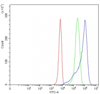 SLC22A8 / OAT3 Antibody K562 FACS. Flow cytometry analysis of human K562 cells using SLC22A8 Antibody / Organic Anion Transporter 3 (OAT3) Antibody demonstrates a clear positive fluorescence shift relative to both unstained cells and isotype control-treated cells, consistent with expression of SLC22A8/OAT3. Overlay histograms compare cells alone (red), isotype control antibody (green), and SLC22A8/OAT3 antibody (blue), with the specific antibody producing a marked rightward shift indicative of target-associated binding. Cells were blocked with goat serum prior to staining, and antibody was used at 1 Î¼g per million cells. These results support application of the antibody for flow cytometric detection of OAT3 expression in human cell populations.