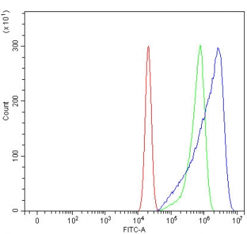 Flow cytometry testing of human U-2 OS cells with Ferroportin 1 antibody at 1ug/million cells (blocked with goat sera); Red=cells alone, Green=isotype control, Blue= Ferroportin 1 antibody.